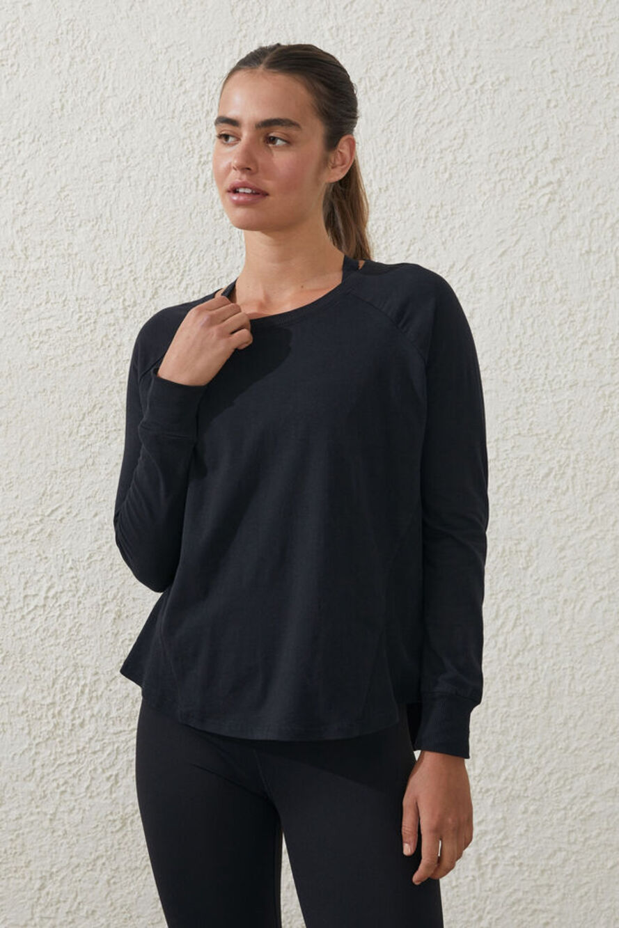 Cotton On Body Womens Active Top Small Black Ribbed Long Sleeve Relaxed NWT